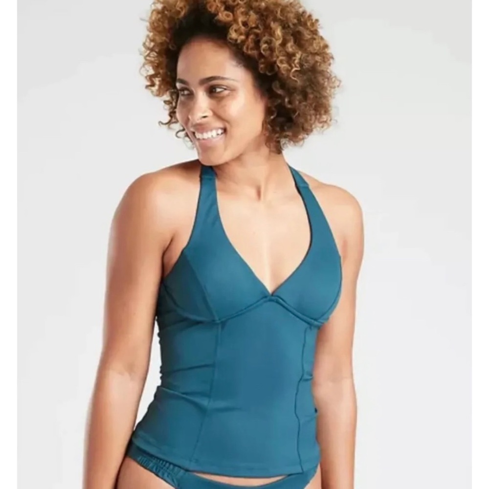 Athleta Sculpted Halter Tankini Swim Top Ocean Teal Coastal Low Coverage